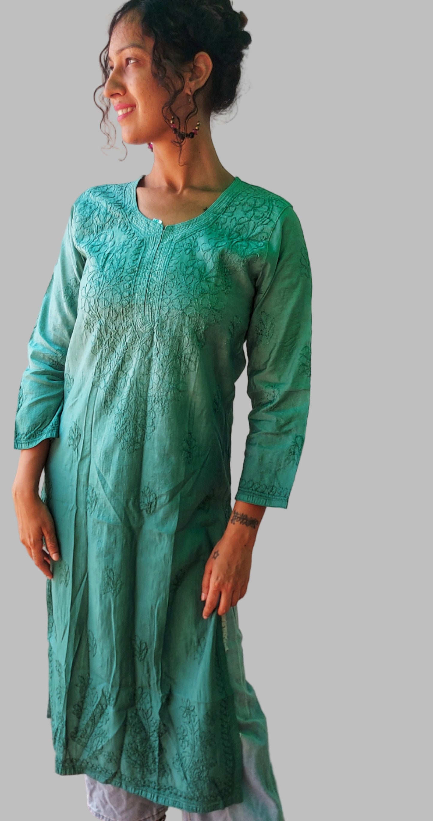 Ombre chanderi hand embroidered chikan kurti