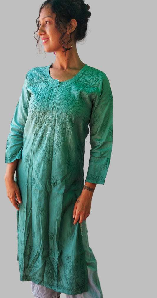 Ombre chanderi hand embroidered chikan kurti