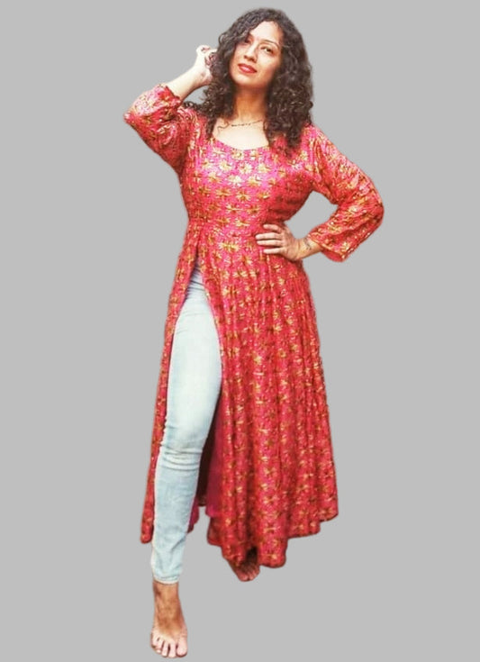 Phulkari front slit anarkali
