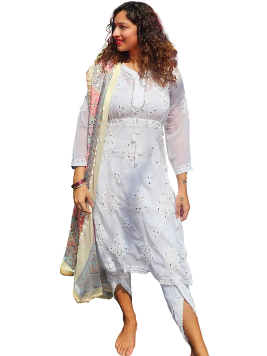Mirror work nyra cut chikan kurti