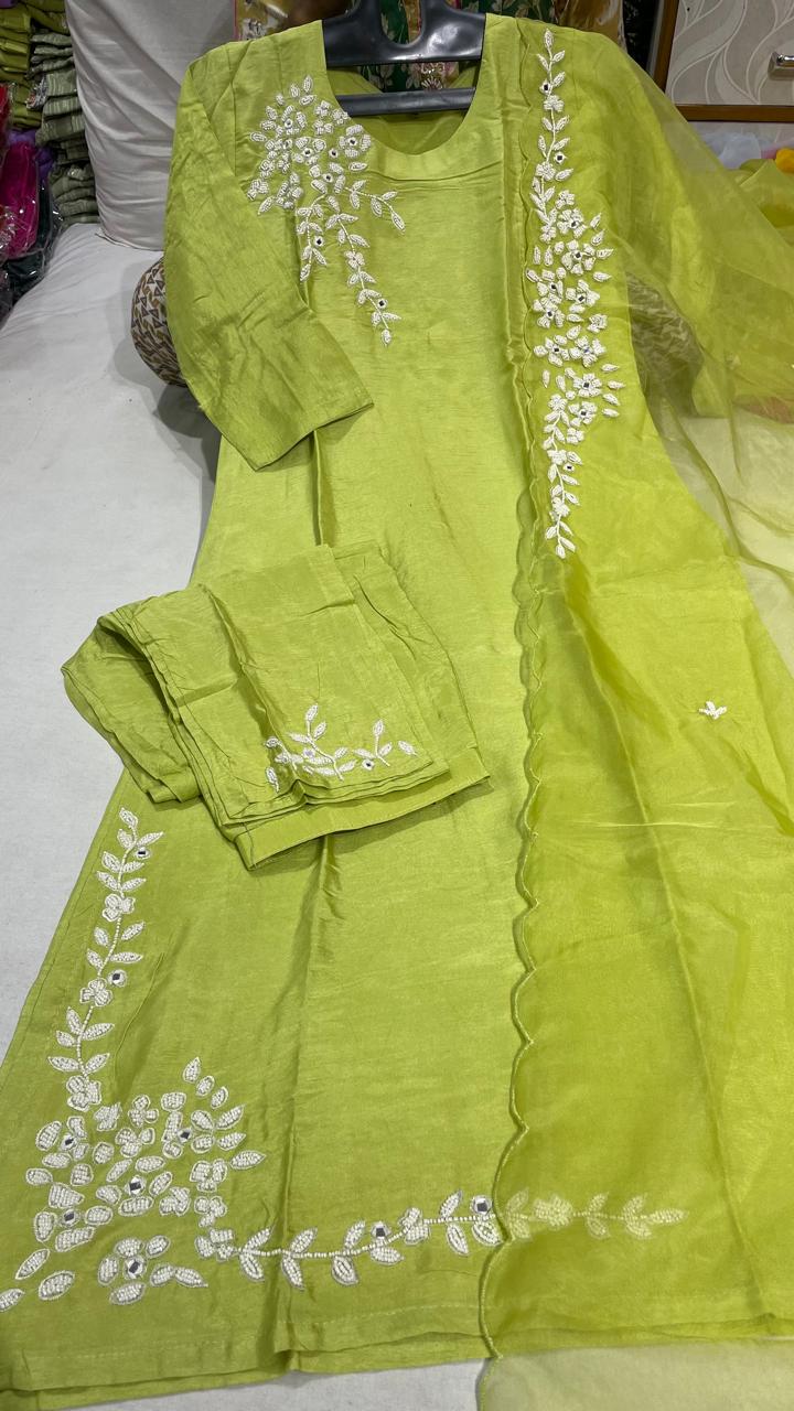 Cutdana mirror work dola silk suit