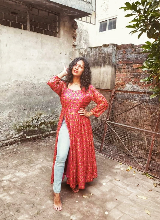 Phulkari front slit anarkali