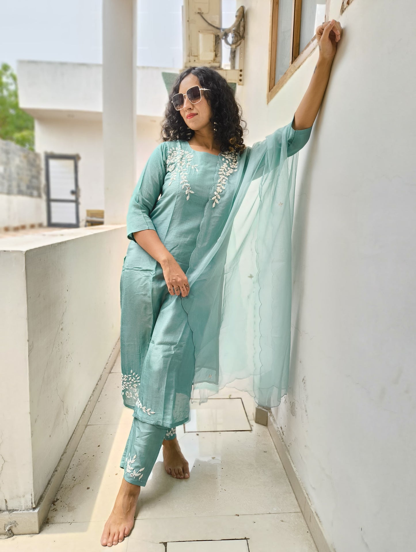 Cutdana mirror work dola silk suit