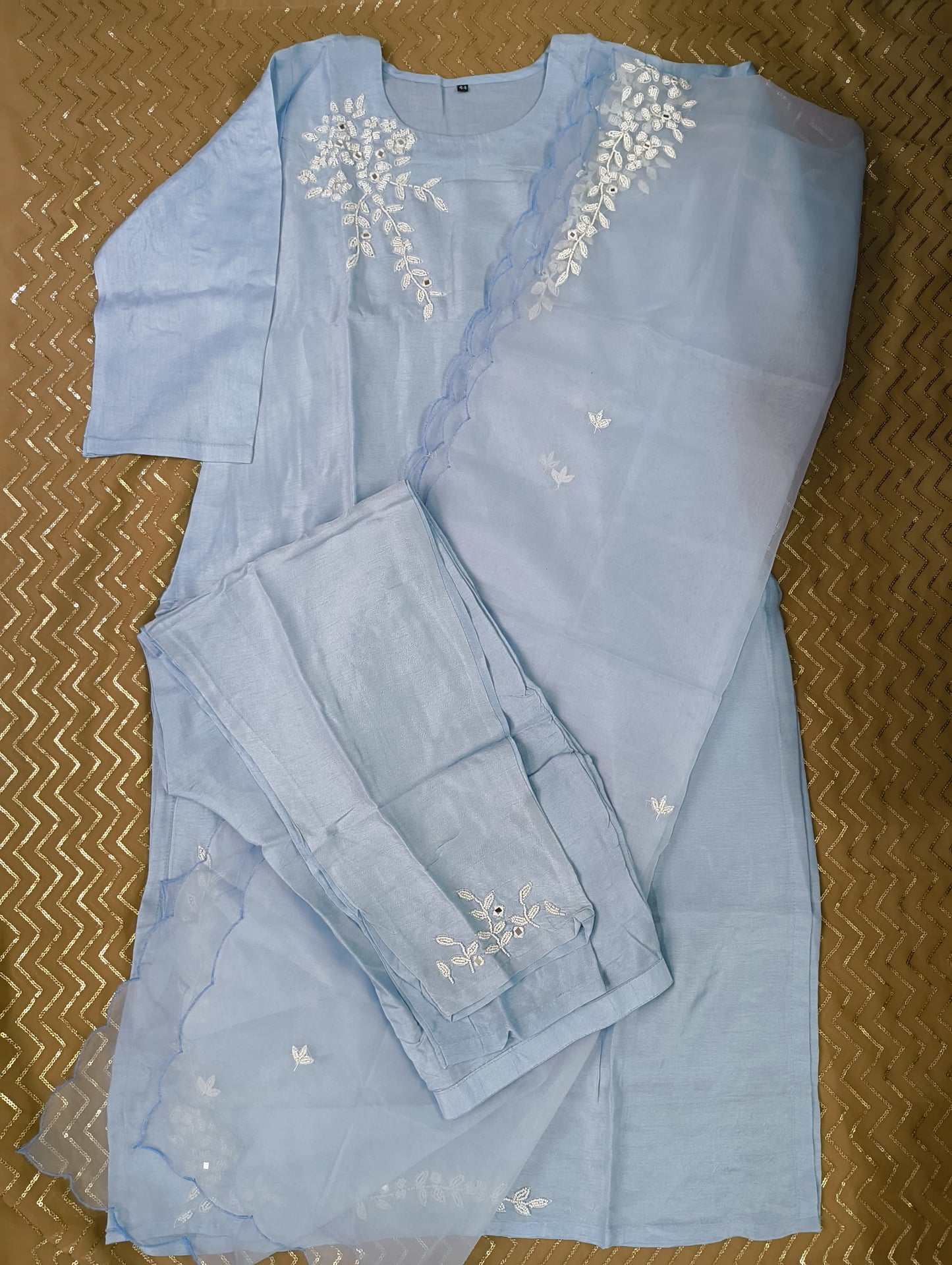 Cutdana mirror work dola silk suit