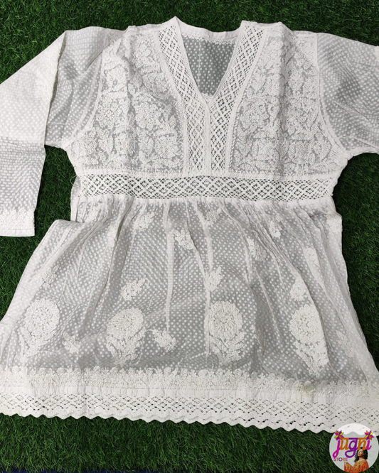 Polka voile cotton chikankari short frock