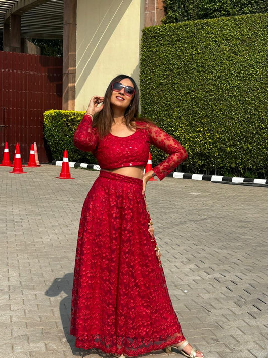 Cherry red crop top & skirt