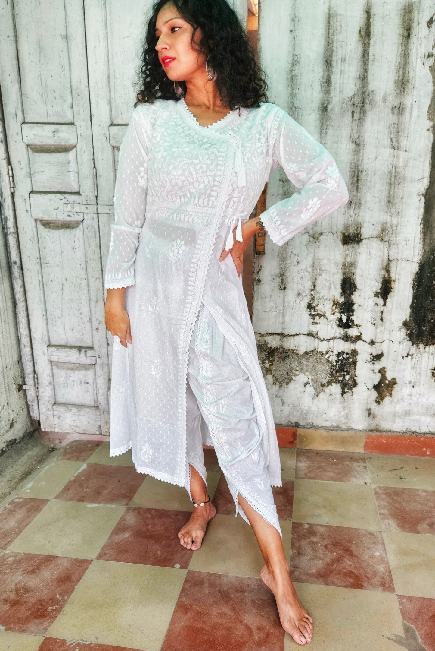 Chikankari Angrakha & Tulip Pants Set