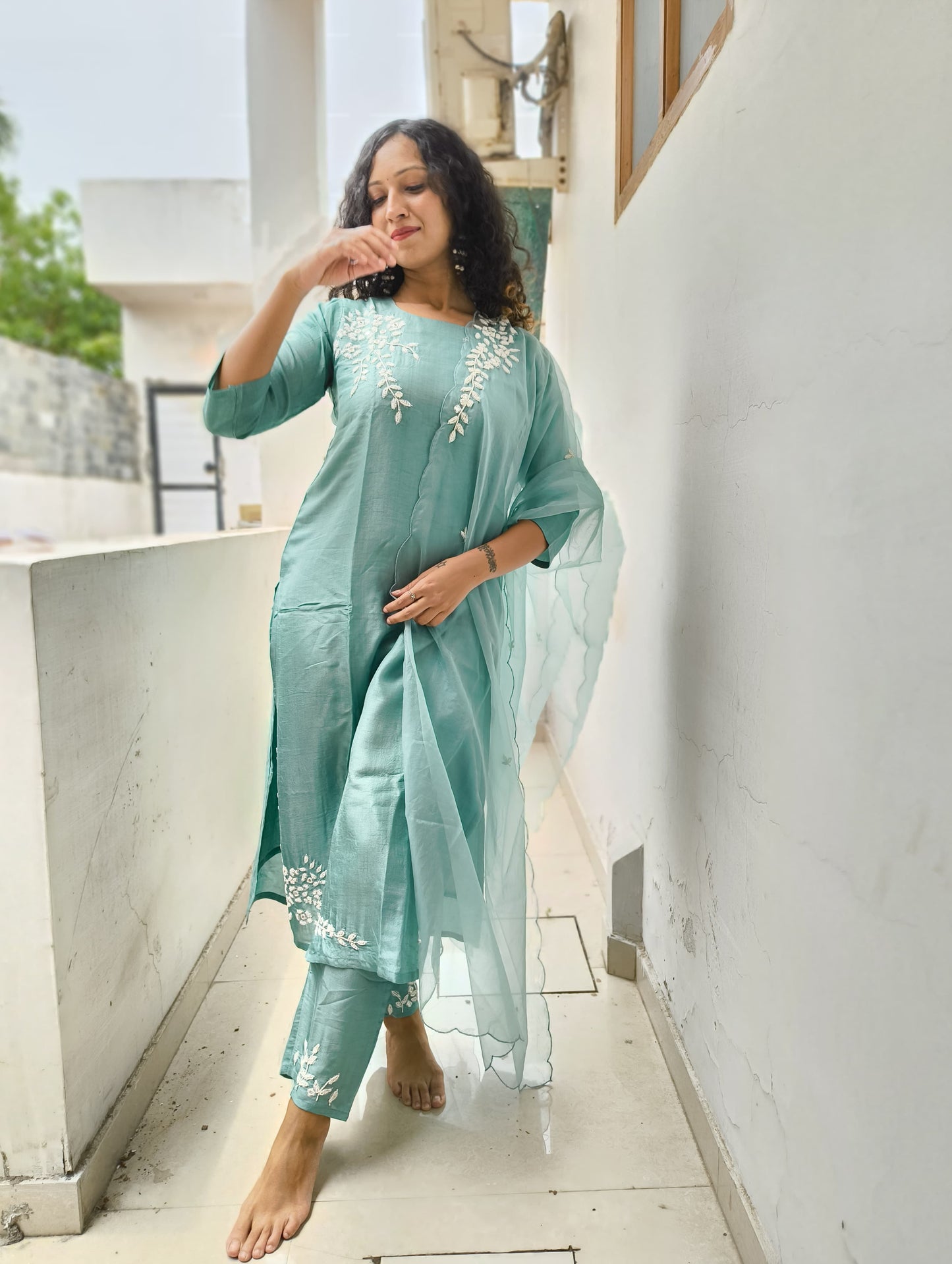 Cutdana mirror work dola silk suit